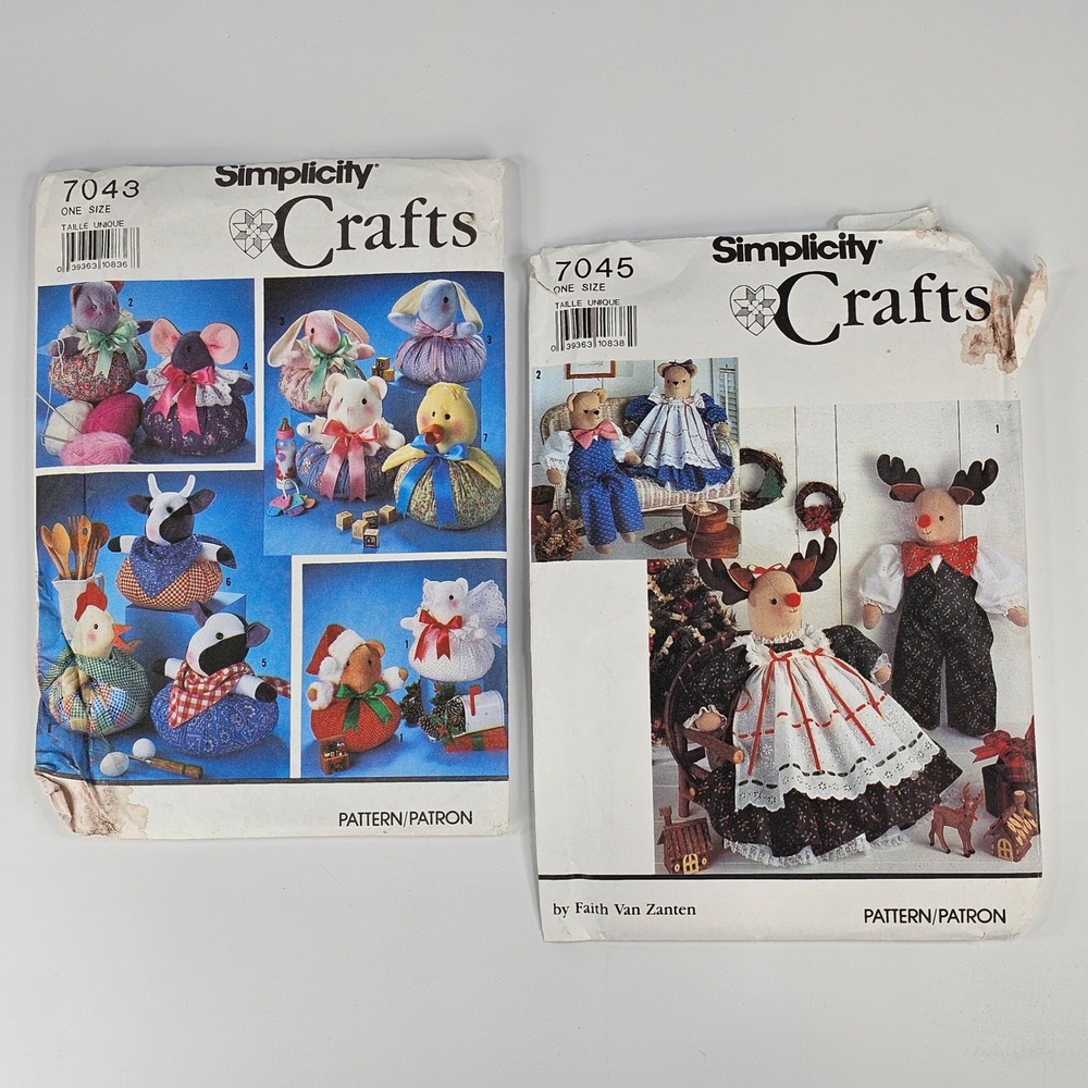 Vintage 1990 Simplicity Crafts Sewing Patterns 7043 7045 Stuffed Animals Bear